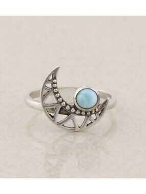 Sterling Silver Larimar Blue Dolphin Stone Crescent Moon Ring Size 6